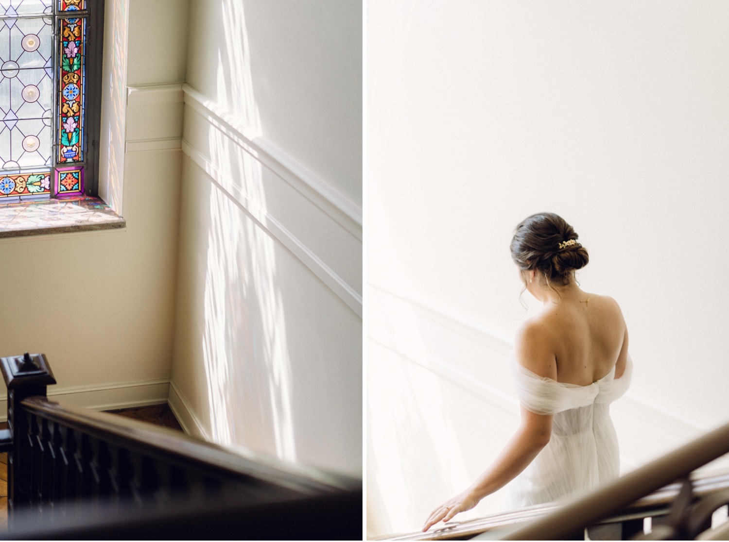 Photographe mariage Alsace – lumière naturelle dans un escalier de la Villa des Hêtres Pourpres