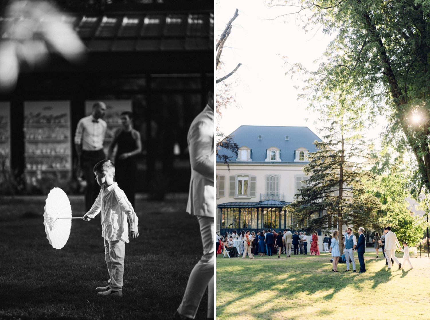 Photographe mariage Alsace – enfant jouant avec une ombrelle lors du cocktail